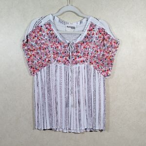 04128 Savanna Jane white w/brown stripes and red & pink floral embroidery L